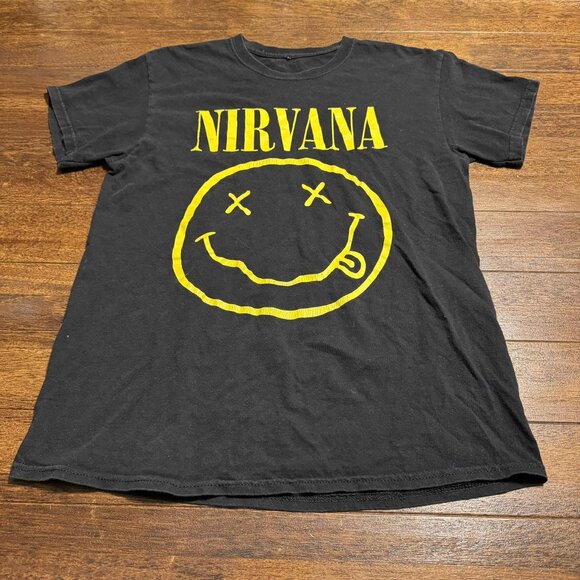 Nirvana 90's Grunge Smiley‎ Face Logo Band T-Shirt Sz M Black Yellow - Picture 2 of 11
